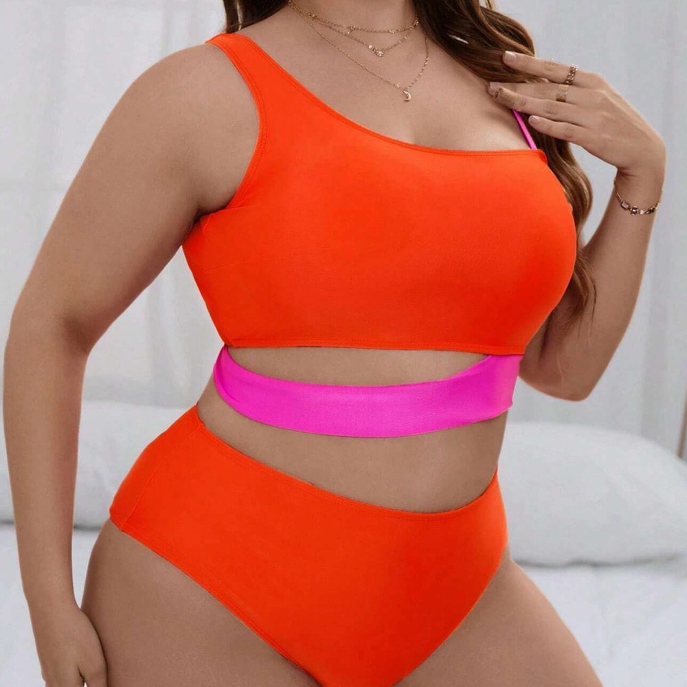 New Shein Colorblock Asymmetrical Neck Bikini Set